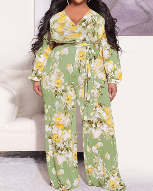 Women Long Sleeve Florals Printed Plus Size Jumpsuit Green Purple Yellow Coffee XL-5XL