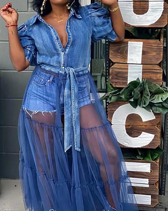 Women Mesh Jean Patchwork Short Sleeve Plus Size Dresses Deep Blue Blue S-4XL