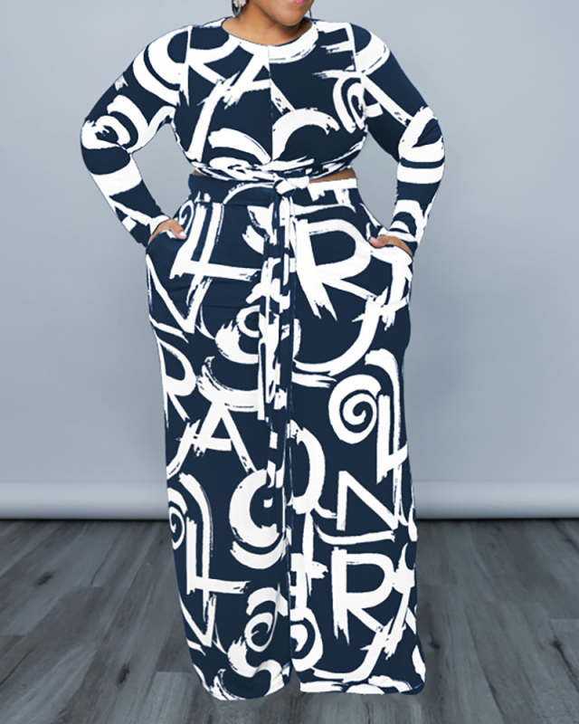 Women Long Sleeve Wide Leg Printed Plus Size Two Piece Sets Black Army Green Navy Blue Coffee Yellow Orange XL-5XL
