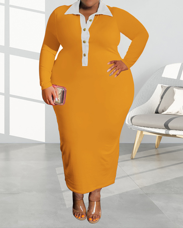 Women Long Sleeve Colorblock Lapel Slim Maxi Plus Size Dresses Yellow Pink Wine Red Blue Black XL-5XL