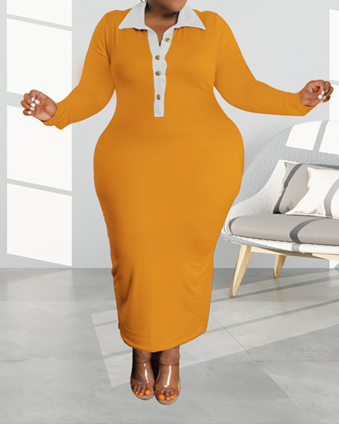 Women Long Sleeve Colorblock Lapel Slim Maxi Plus Size Dresses Yellow Pink Wine Red Blue Black XL-5XL