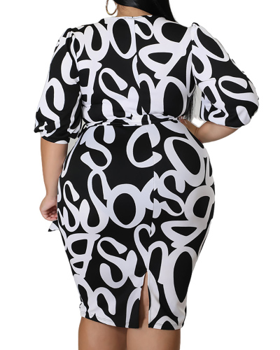 Women V-neck Short Sleeve Wrap Dress Printed Plus Size Dresses Black XL-5XL