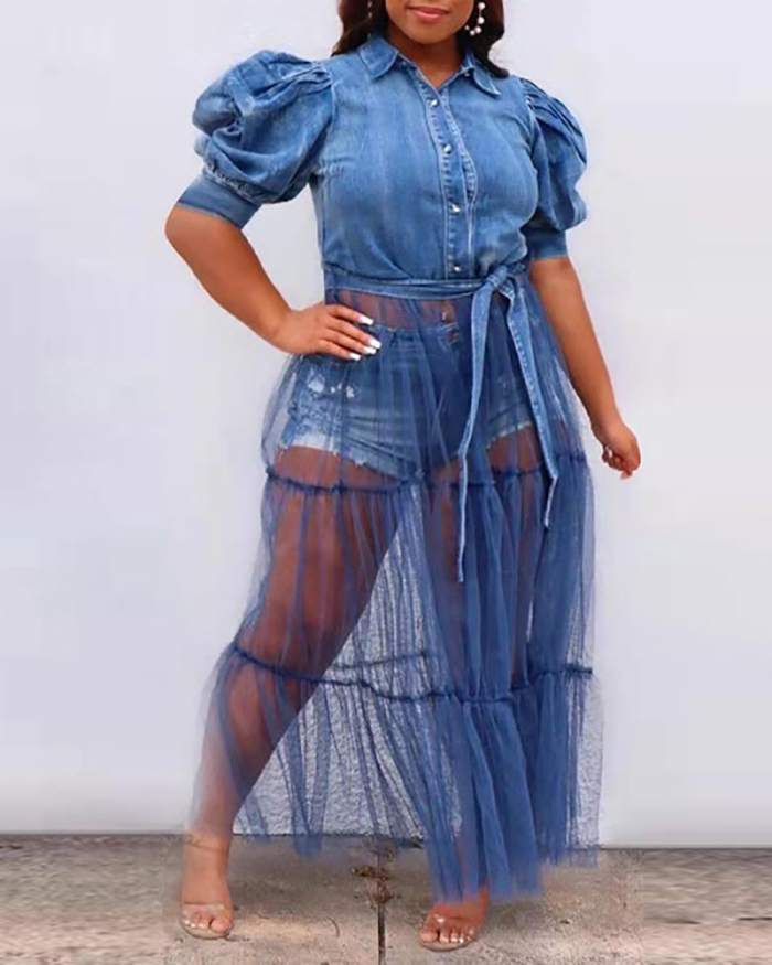 Women Mesh Jean Patchwork Short Sleeve Plus Size Dresses Deep Blue Blue S-4XL