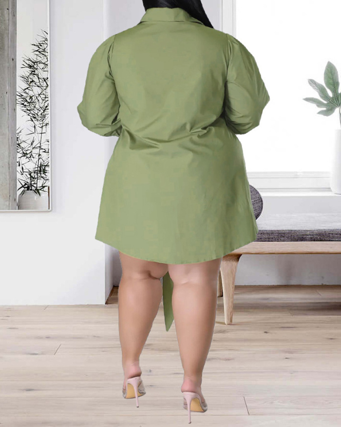 Women Solid Color Shirt Dress Long Sleeve Lapel Strap Plus Size Dresses Mini Dress White Rosy Green L-4XL