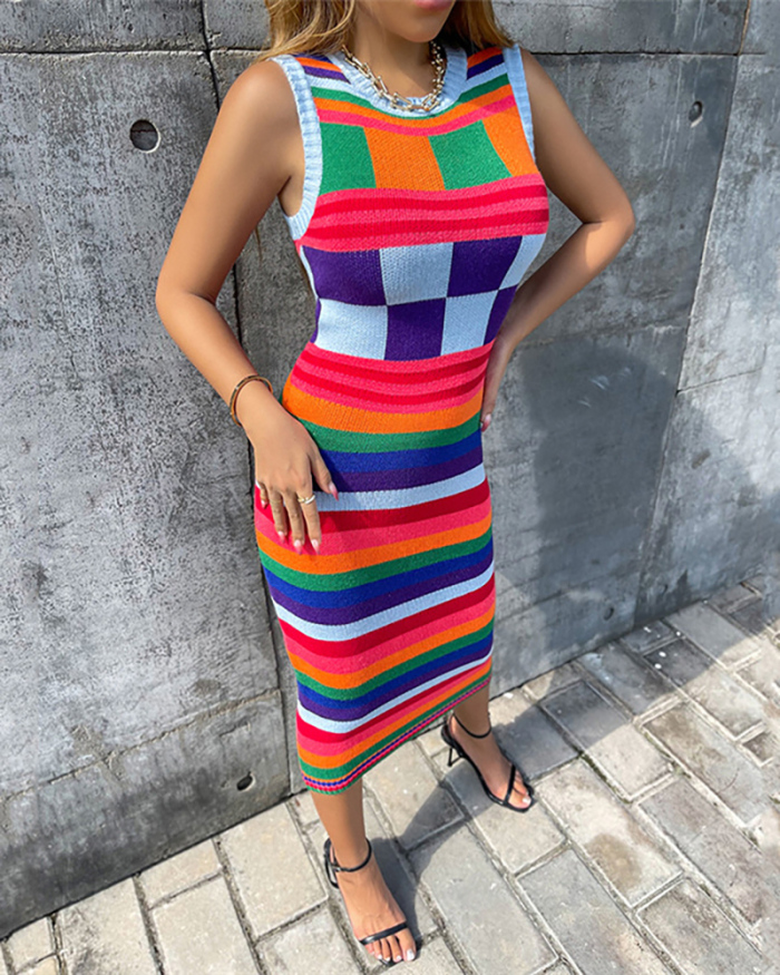 Newest Colorful Colorblock Sleeveless Maxi Slim Knit One-piece Dress S-L