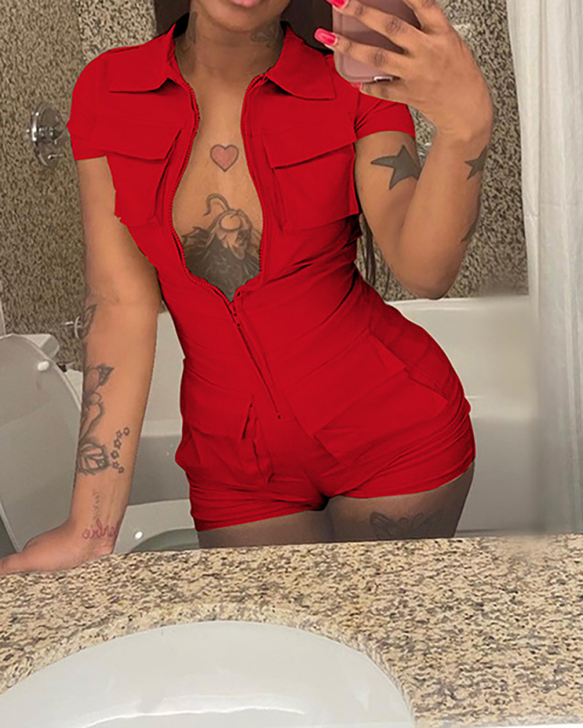 Women Zipper Lapel Short Sleeve Solid Color Pocket Rompers White Khaki Red Black Blue S-2XL