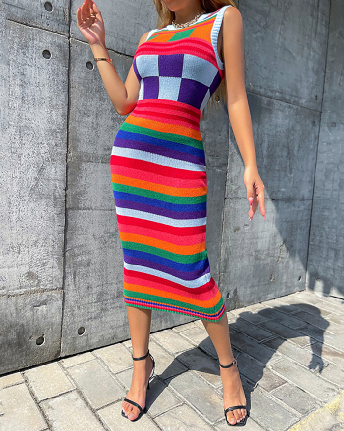 Newest Colorful Colorblock Sleeveless Maxi Slim Knit One-piece Dress S-L