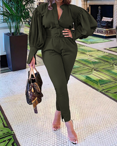 Women Long Puff Sleeve Solid Color Pants Sets Two Pieces Outfit Plus Size Women Clothes Purple Black Army Green S-4XL