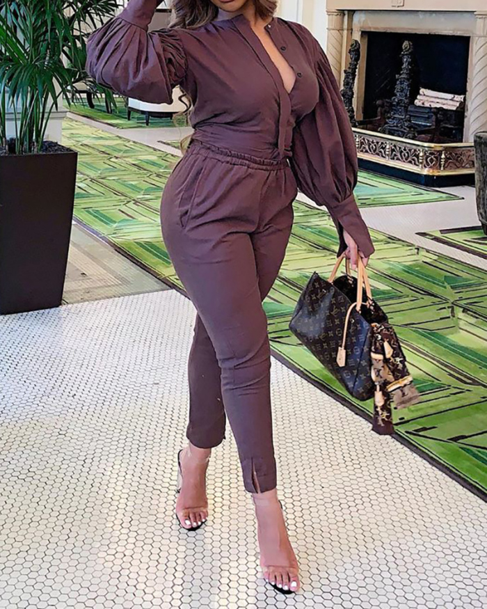 Women Long Puff Sleeve Solid Color Pants Sets Two Pieces Outfit Plus Size Women Clothes Purple Black Army Green S-4XL