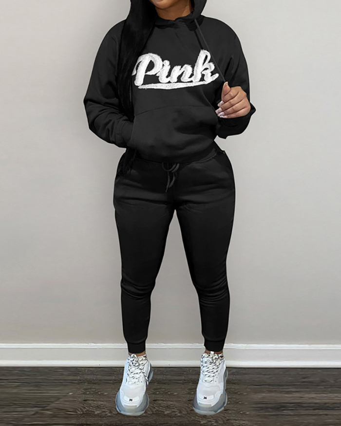 Women Long Sleeve Hoodies Pink Pocket Pants Sets Two Pieces Outfit Black Brown Pink S-2XL