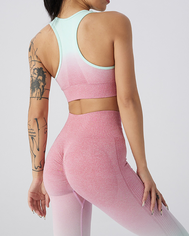 Women's Gradient Fitness Outdoor Running Sports Yoga Pants Hip Lift Knitted Vest Trousers Suit S-L