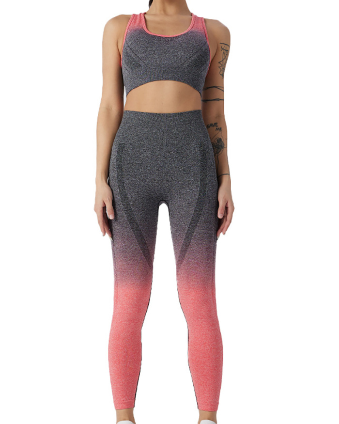 Women's Gradient Fitness Outdoor Running Sports Yoga Pants Hip Lift Knitted Vest Trousers Suit S-L