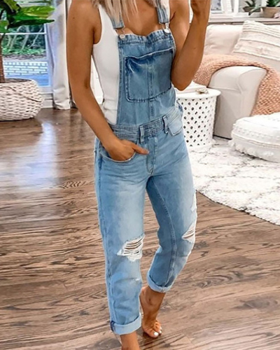 Ladies Overall With Holes Washable Jean Denim Trousers
