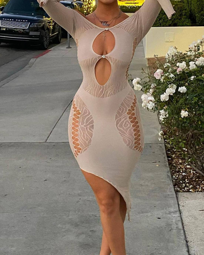 Solid Color Sexy See Through Long Sleeve Off Shoulder Hollow Out One-piece Dress White Purple Black Rosy One Size