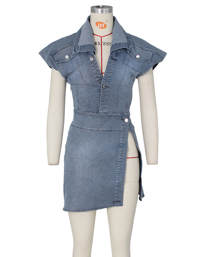 Women Fashion Short Sleeve Jean Lapel Slit Skirts Sets Two-piece Sets S-XL