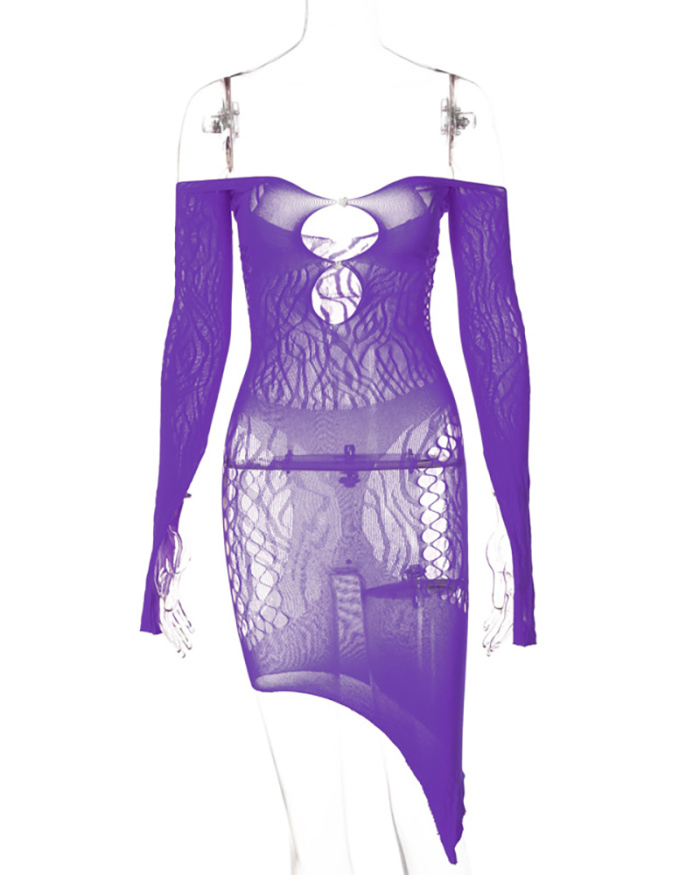 Solid Color Sexy See Through Long Sleeve Off Shoulder Hollow Out One-piece Dress White Purple Black Rosy One Size