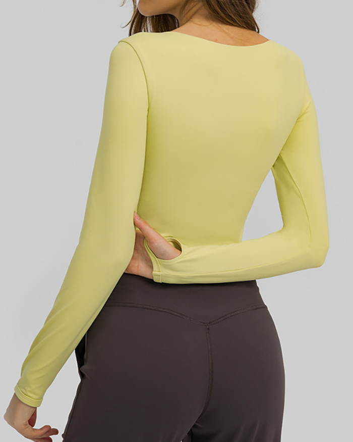 Autumn Women O-neck Solid Color Long Sleeve Running Crop Tpp Yoga Tops 4-12
