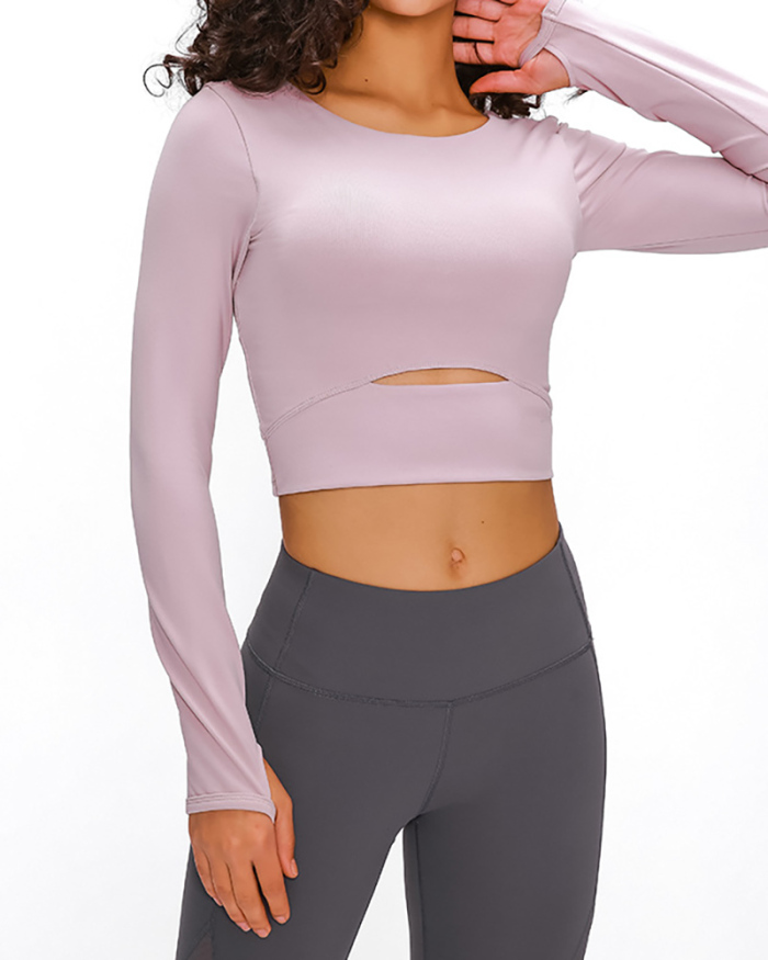Autumn Women O-neck Solid Color Long Sleeve Running Crop Tpp Yoga Tops 4-12