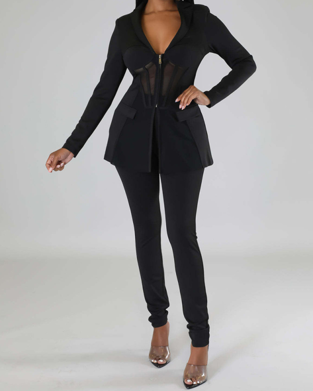 Office Lady Long Sleeve Patchwork Fashion Work Suit Pants Sets Two Pieces Outfit White Blue Black S-2XL