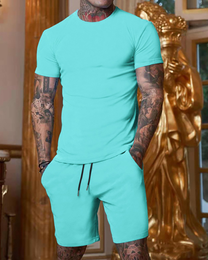 Solid Color Men's T-shirt Short Suit Sports Wear Two-piece Sets M-3XL