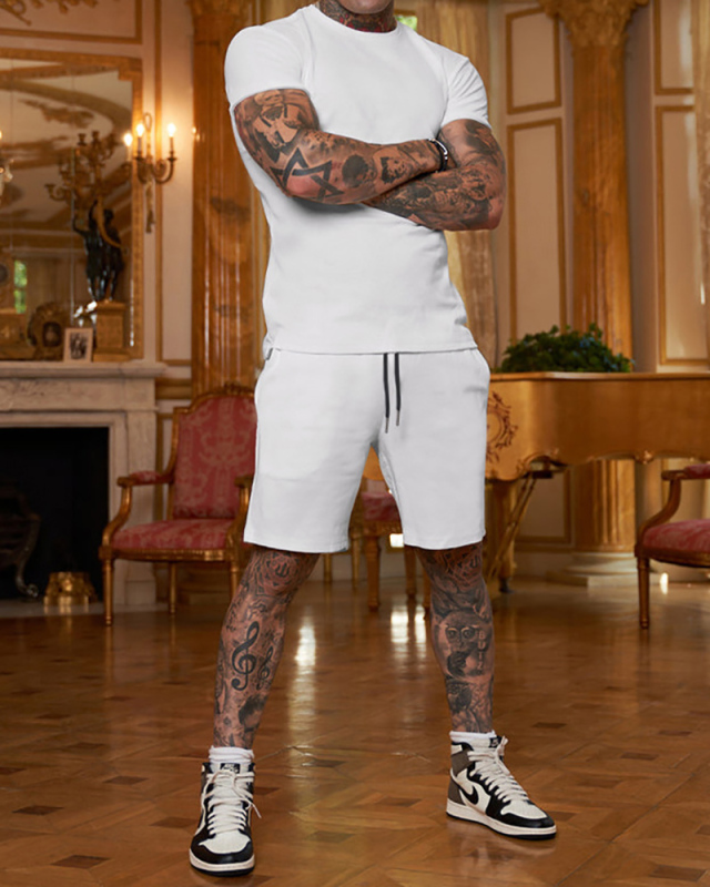 Solid Color Men's T-shirt Short Suit Sports Wear Two-piece Sets M-3XL
