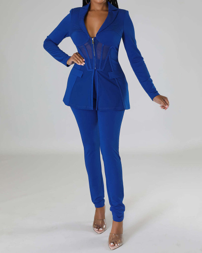 Office Lady Long Sleeve Patchwork Fashion Work Suit Pants Sets Two Pieces Outfit White Blue Black S-2XL