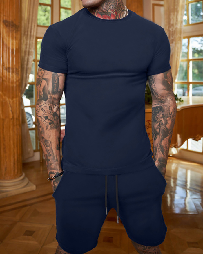 Solid Color Men's T-shirt Short Suit Sports Wear Two-piece Sets M-3XL