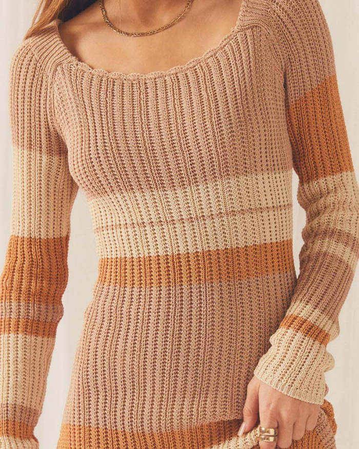 Woman Hot Sale Colorblock Off Shoulder Stripe Long Sleeve Sweater Maxi Dresses Pink Blue Khaki S-L
