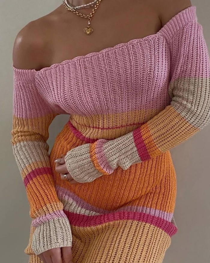 Woman Hot Sale Colorblock Off Shoulder Stripe Long Sleeve Sweater Maxi Dresses Pink Blue Khaki S-L