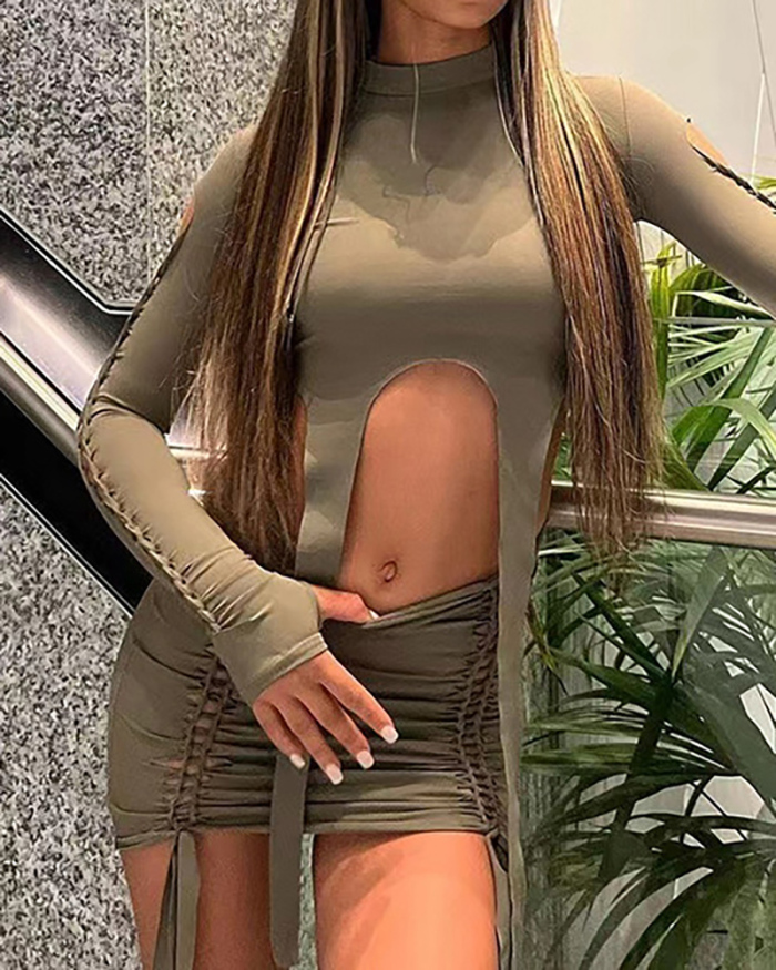 Women Solid Color Drawstring Long Sleeve Fashion Skirt Sets Two Pieces Outfit Brown Black Army Green S-L