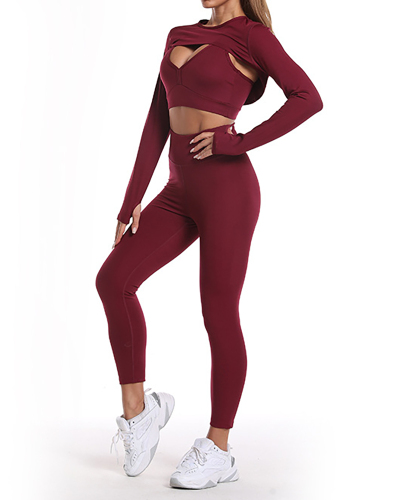 Yoga Solid Color Running Tight Peach Hip Lift  Three Piece Sets Black Wine Red Green S-XL