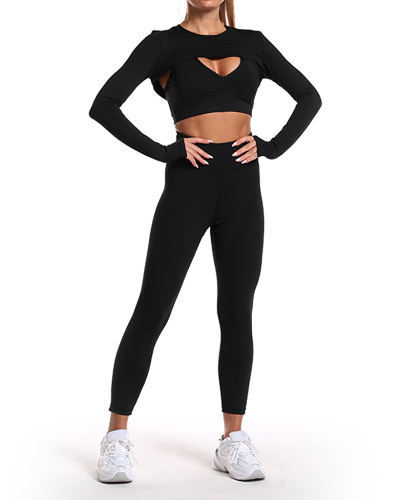 Yoga Solid Color Running Tight Peach Hip Lift  Three Piece Sets Black Wine Red Green S-XL