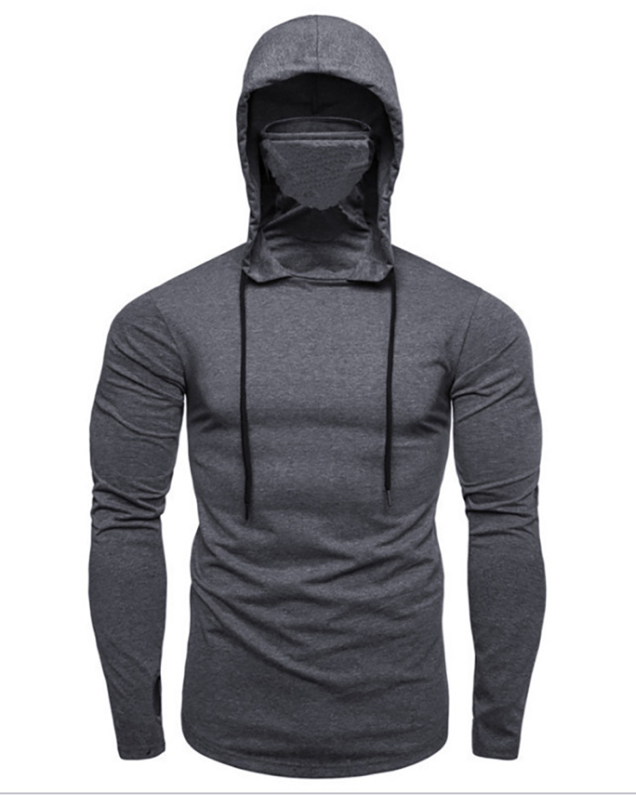 Solid Color Fitness Long Sleeve High Neck Mask Hooded Sweatshirt Deep Grey Black M-3XL