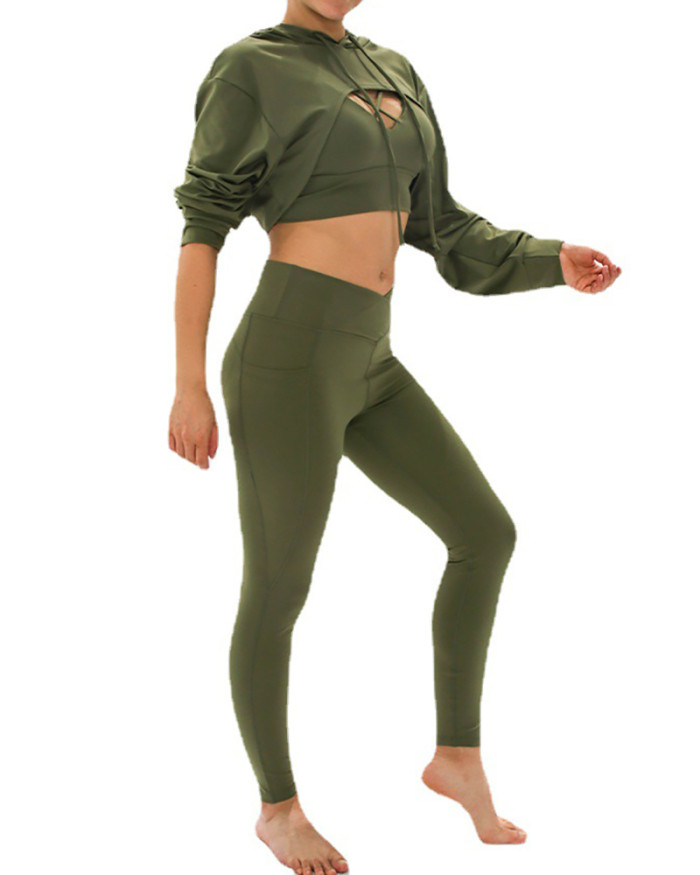 Women Long Sleeve Hoodies Cover Solid Color Cirss Bra Slim Leggings Sports Yoga Three-piece Sets Green Purple S-XL