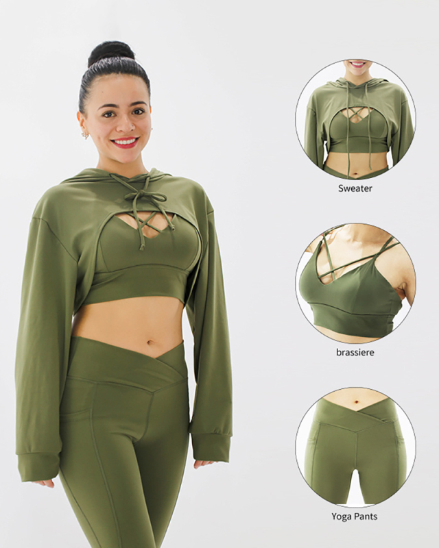 Women Long Sleeve Hoodies Cover Solid Color Cirss Bra Slim Leggings Sports Yoga Three-piece Sets Green Purple S-XL
