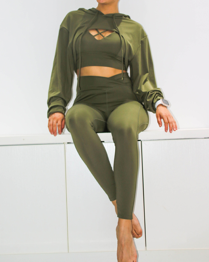 Women Long Sleeve Hoodies Cover Solid Color Cirss Bra Slim Leggings Sports Yoga Three-piece Sets Green Purple S-XL