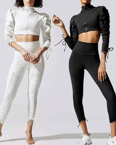 Fashion Puff Shoulder Long Sleeves Coat Bra Drawsting Pants Yoga Three-piece Sets