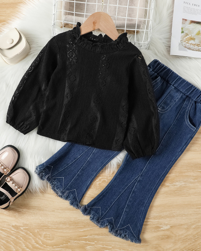 Lace Long Sleeve T Shirt and Jean Pant Set