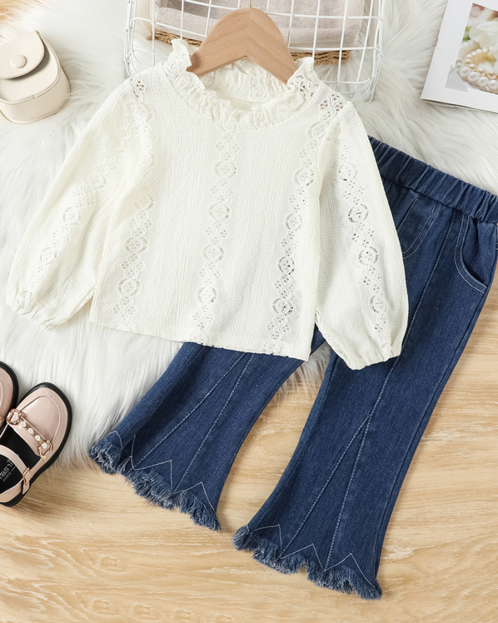 Lace Long Sleeve T Shirt and Jean Pant Set