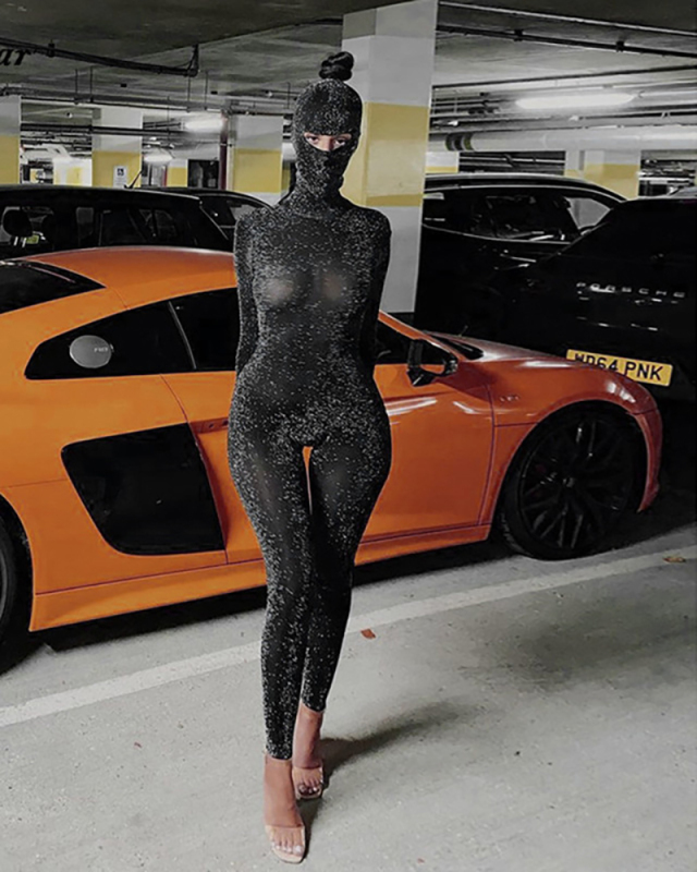 Women Fall Fashion Sexy Glitter Backless Turtleneck Long Sleeve Slim Hoodie Jumpsuit Black S-L