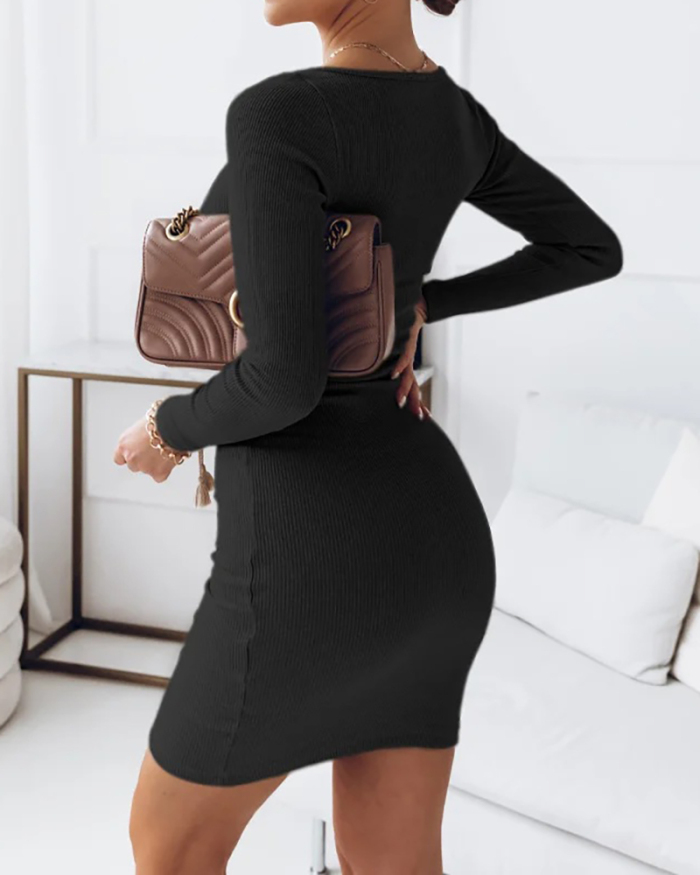 Women Long Sleeve Solid Color Hollow Out Elegant Midi Sweater Dresses S-2XL