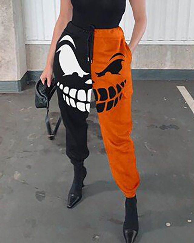 Street Hipster Loose Sports Black Orange Print Colorblock Casual Women's Pants S-2XL
