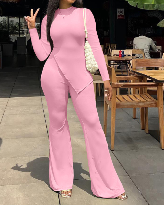 Women Solid Color Long Sleeve O Neck Irregular Fashion Pants Sets Two Pieces Outfit Red Light Green Black White Pink S-2XL