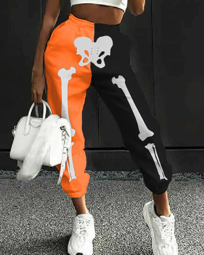 Street Hipster Loose Sports Black Orange Print Colorblock Casual Women's Pants S-2XL