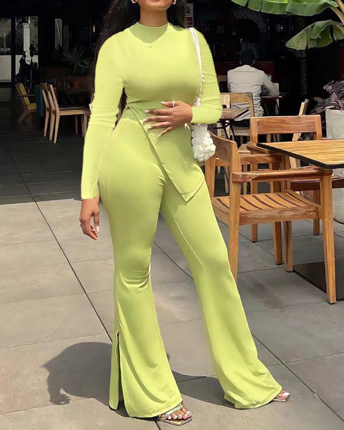 Women Solid Color Long Sleeve O Neck Irregular Fashion Pants Sets Two Pieces Outfit Red Light Green Black White Pink S-2XL