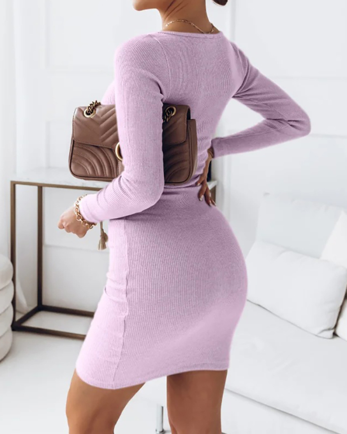 Women Long Sleeve Solid Color Hollow Out Elegant Midi Sweater Dresses S-2XL