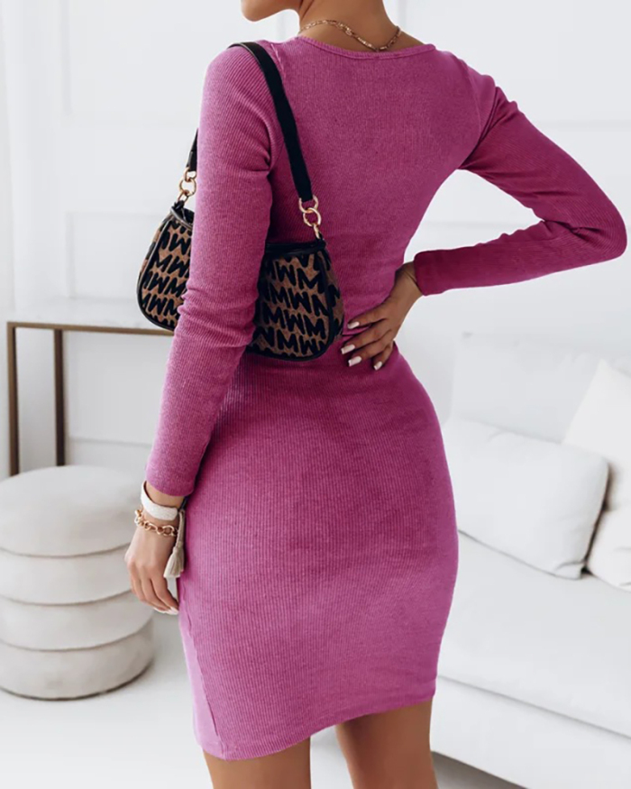 Trendy Long Sleeve Women Fall Hollow Out Solid Color  Midi Sweater Dresses Black White Sky Blue Purple Rosy Khaki S-2XL