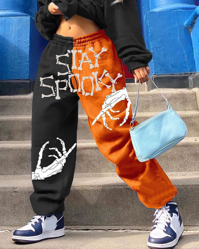 Street Hipster Loose Sports Black Orange Print Colorblock Casual Women's Pants S-2XL