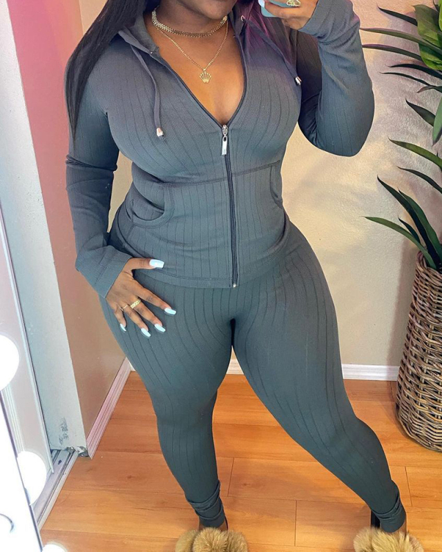 Women Long Sleeve Solid Color Hoodies Suit Causal Wear Two Pieces Outfit Pink Red Grey Black Blue Khaki S-XL