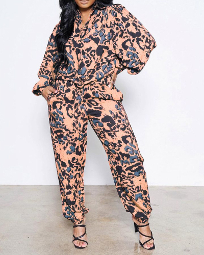 Women Long Sleeve Printed Fashion Pants Sets Two Pieces Outfit Dark Green Purple Flesh S-2XL